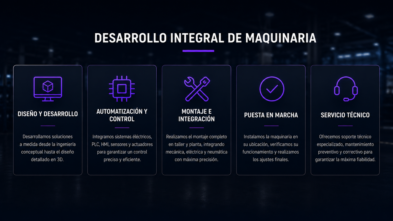 Desarrollo integral de maquinaria: diseño, automatización, montaje, puesta en marcha y servicio técnico